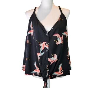Torrid Crane Print Tank Top Tie Front Black Size 3‎ Plus Summer Flowy
